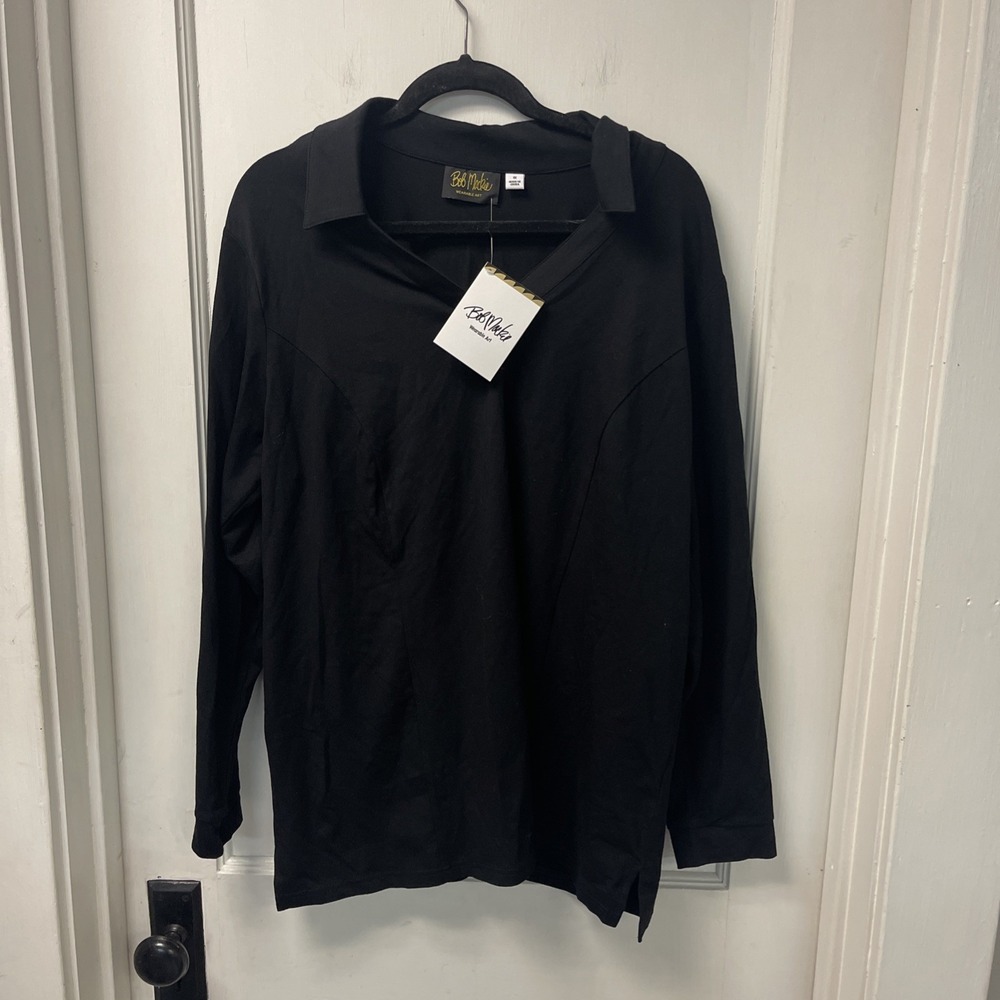 Bob Mackie Shirt Top Women's 1X Black Cotton Stretch Long Sleeve V-Neck Collar